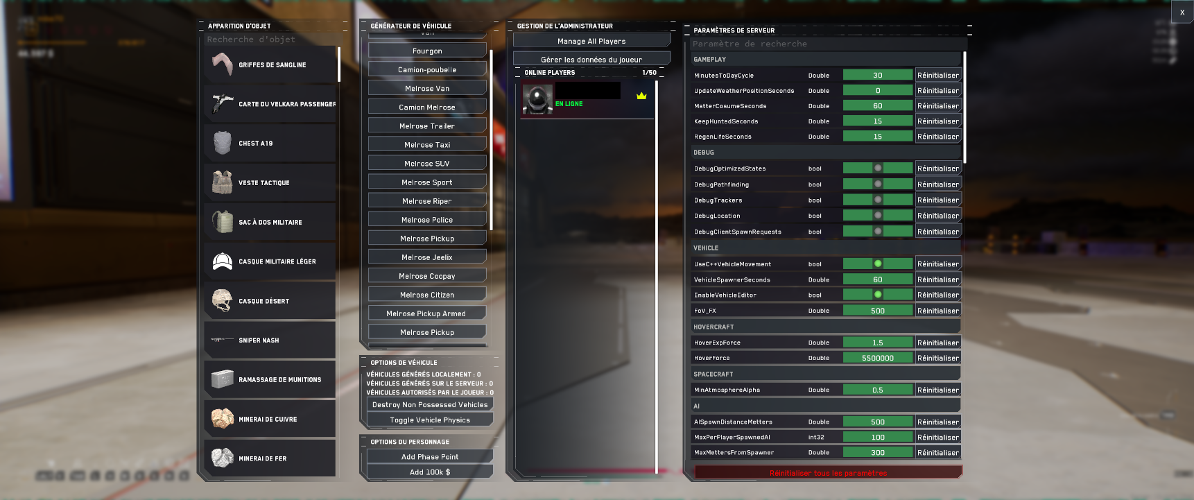Menu administrateur